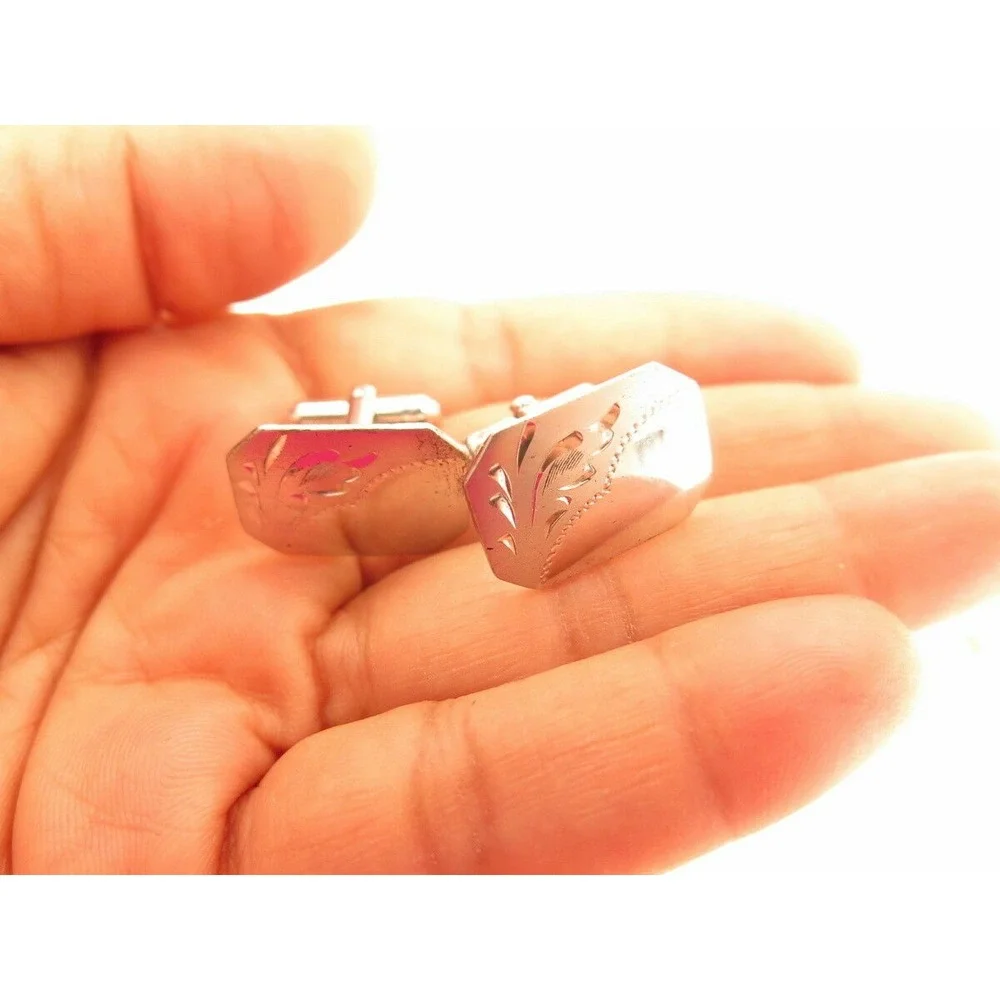 VINTAGE‎ BLANK MONOGRAM STERLING SILVER CUFFLINKS MEN'S JEWELRY*ETCH DESIGN